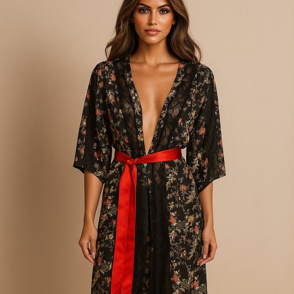 Sam Edelman Open Coverup Robe Short Sleeve Lace Panels Black Floral Print